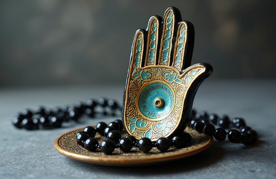 Ornate Hamsa hand amulet with blue eye and gold details rests on small plate with black beads. This protective charm is a cultural symbol of good fortune and spiritual belief.