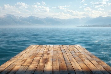 Wooden dock stretching into calm blue lake with distant mountains under a partly cloudy sky during daytime