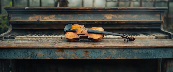 old rustic violin placed on a weathered wooden piano keyboard in a vintage setting conveying nostalgia and quiet charm
