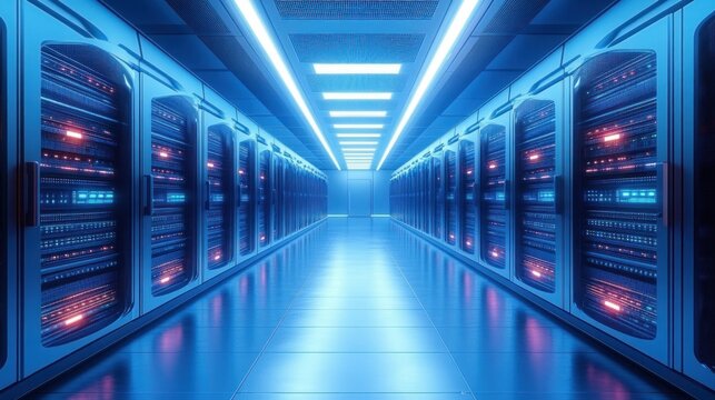 Symmetrical view of a modern data center corridor with server racks illuminated by blue and red lights and bright overhead lighting
