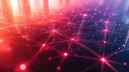 Abstract digital network with glowing red and pink nodes connected by bright lines over dark futuristic background conveying technology and data flow