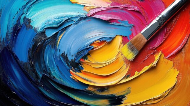 Close-up of vibrant colorful oil paint swirled together with a paintbrush applying yellow paint on a textured surface - Powered by Adobe