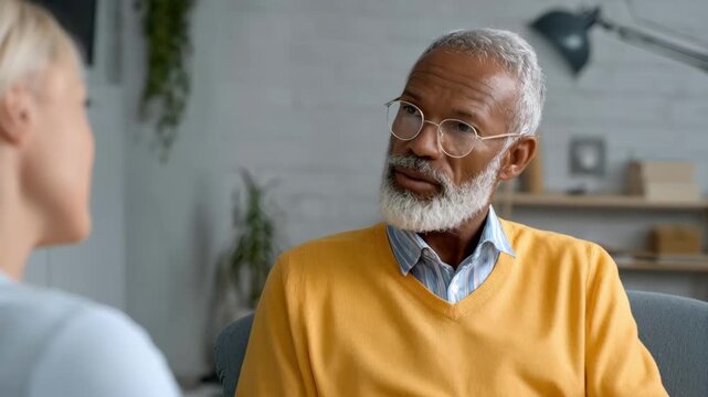 Medium shot of a therapist using AI software to analyze a patients mental health history during a therapy session in a modern clinical setting.