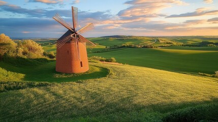 Old brick windmill standing amidst lush green fields under a colorful sunset sky with scattered clouds