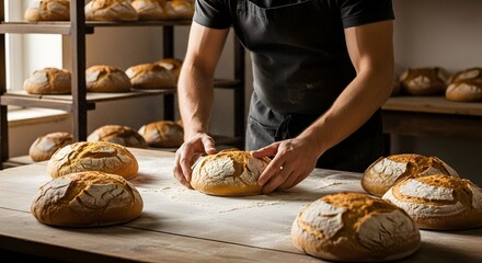 Baker hands shaping fresh artisan bread on a floured table