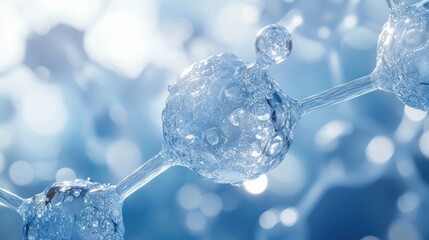 Close-up visualization of transparent interconnected spherical water molecules with bubbles in a soft blue background