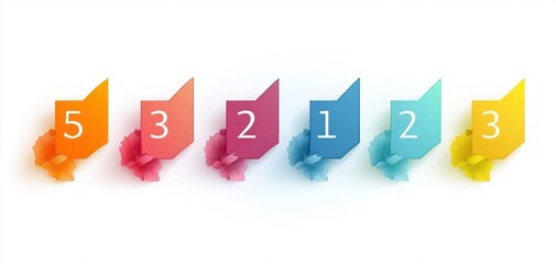 Set of colorful numbered tags with flower decorations in a row, featuring numbers five, three, two, one, two, and three on varying vibrant backgrounds
