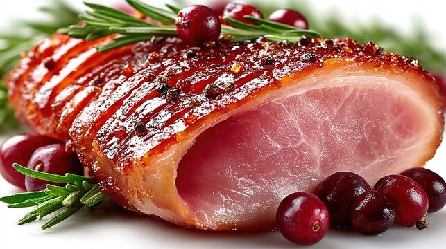 Sliced ham arranged on a white plate with rosemary, lemon, and cranberries, isolated on a transparent background. Realistic food photography showcasing a healthy and balanced meal, ideal for healthy r