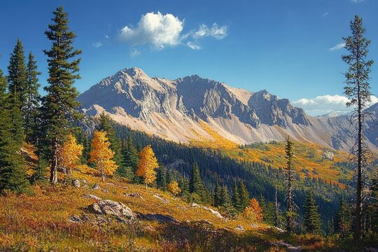 Bright autumn mountain landscape with a clear blue sky, rocky peaks, and mixed evergreen and deciduous trees with golden leaves in foreground