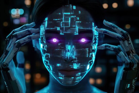 Futuristic human face with glowing neon blue digital circuit patterns and bright purple eyes, hands with robotic fingers touching the head, in a dark blurred background