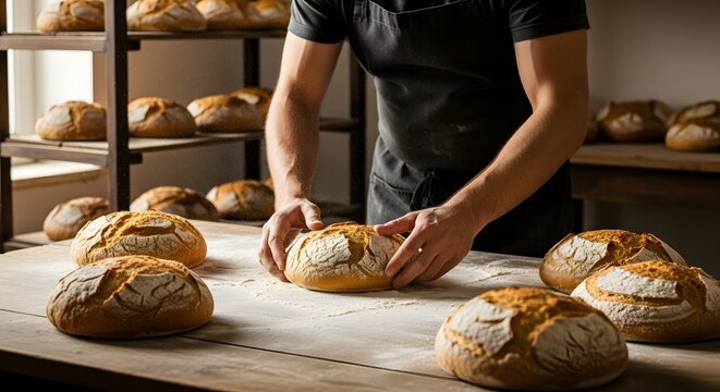 Baker hands shaping fresh artisan bread on a floured table