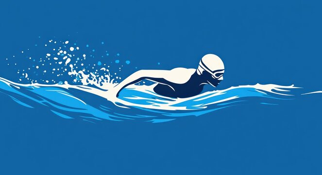 Illustration of a swimmer wearing a cap and goggles moving swiftly through water with splashing droplets against a solid blue background