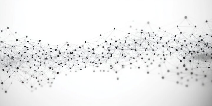 Abstract network of black connected dots and lines forming a complex web structure on white background representing data connections or communication