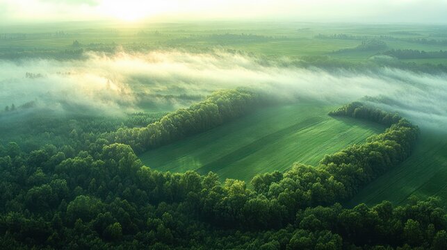 Aerial view of a lush green forest with a circular clearing surrounded by dense trees and morning mist illuminated by soft sunlight - Powered by Adobe