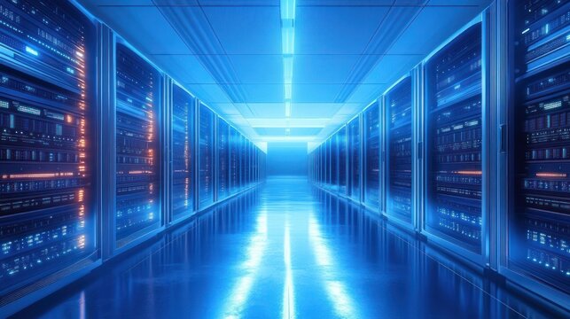 Brightly lit modern data center hallway with rows of server racks emitting blue and orange lights reflecting on polished floor