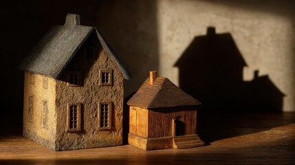 Detailed and Artistic Representation of Two Wooden Model Houses Casting Shadows on a Table Surfaces with Soft Lighting for Home Decor and Design Themes