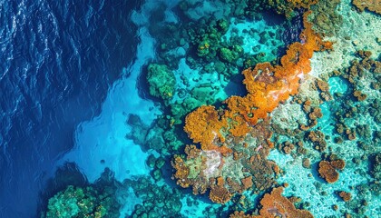 Fototapeta premium Vibrant Coral Reef Ecosystem Teal Blue Ocean Water Surface With Colorful Coral Formations And Aquatic Life Visible From Above During Daylight