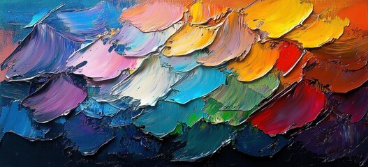 Abstract vibrant oil paint texture with layered colorful brushstrokes in blue, purple, pink, yellow, green, red, and orange hues creating dynamic and rich surface