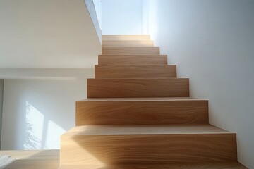 Naklejka premium Bright minimalist staircase made of smooth wood ascending with natural light casting soft shadows in a modern white interior space