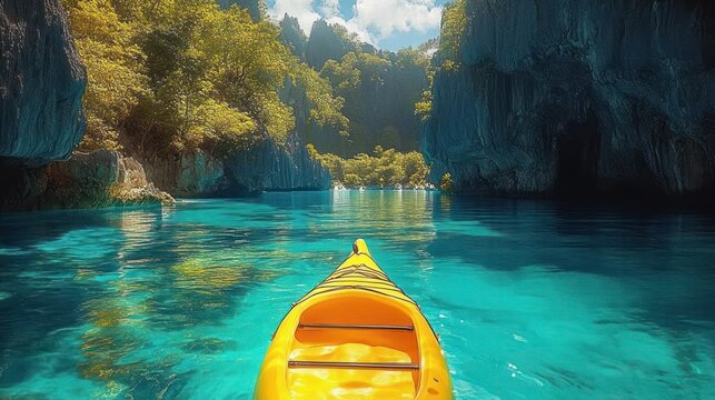 View from a yellow kayak floating on clear turquoise water surrounded by towering limestone cliffs covered with green trees under a partly cloudy sky - Powered by Adobe