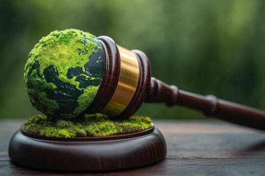 Wooden judge's gavel resting on a moss-covered globe representing environmental law and nature protection with a blurred green background - Powered by Adobe