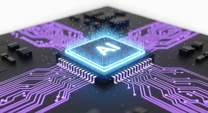 Glowing ai chip on a circuit board with purple illuminated pathways - Powered by Adobe
