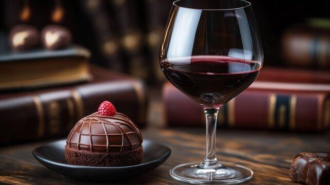 Close-up of a chocolate dessert topped with a raspberry on a black plate beside a glass of red wine on a wooden table with blurred books in the background