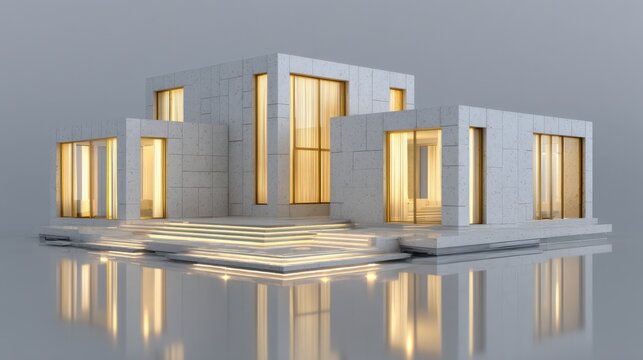 Contemporary minimalist architecture featuring geometric design, large glass windows, illuminated facades, set against a soft gray background