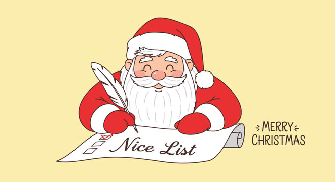 Smiling santa claus wearing a red suit and hat writing on a nice list with a quill pen festive holiday illustration