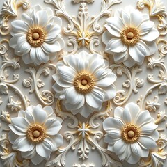 Intricate floral pattern features raised white flowers with gold centers against cream background. Ornate swirls, decorative elements complete this elegant textured design. Perfect for luxury decor.