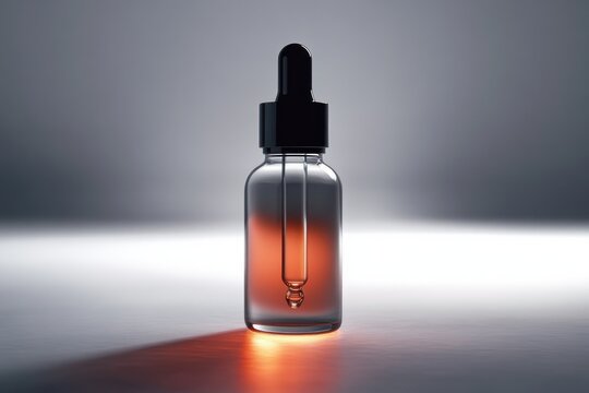 Close-up of a glass dropper bottle with amber liquid inside, illuminated softly from behind creating a reflective glow on the surface, evoking calm and clarity