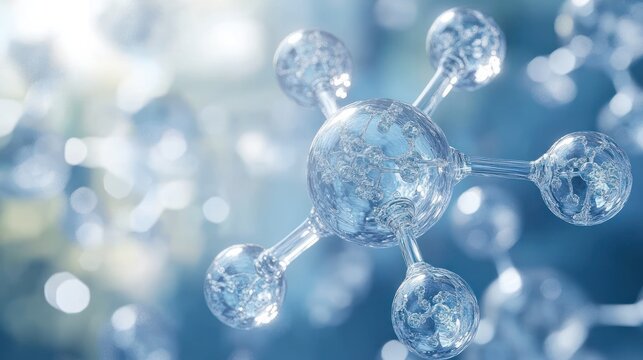Close-up view of transparent molecular structure with spherical atoms connected by cylindrical bonds floating in a soft blue glowing background