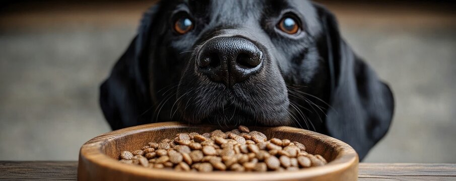 close-up of a black dog resting its chin on a wooden bowl filled with dry dog food looking upwards with expectation