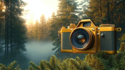 Golden vintage camera hovering over green pine branches in a misty forest at sunrise with warm light filtering through tall trees
