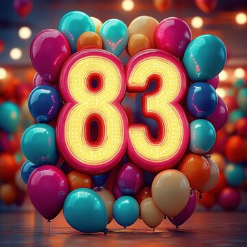 Brightly lit number eighty-three surrounded by colorful shiny balloons in festive atmosphere with warm bokeh lights