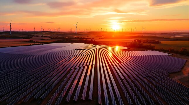 Aerial View Solar Panel Field with Wind Turbines at Sunset, Energy Production