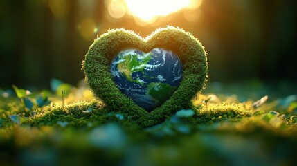 Earth globe in the shape of a heart surrounded by green moss with sunlight shining in the background symbolizing nature and environmental care