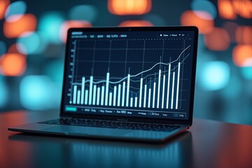 A sleek laptop displays a rising candlestick chart on its screen, symbolizing financial growth or market success  set against a futuristic, blurred cityscape backdrop with glowing lights.