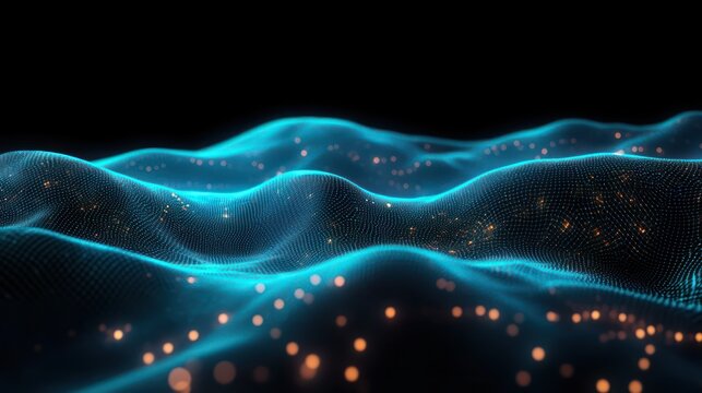 Abstract glowing blue wave-like mesh with orange light points creating a dynamic and futuristic digital landscape - Powered by Adobe
