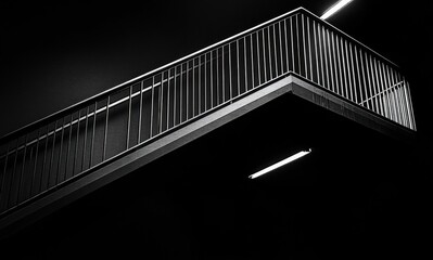 Minimalist black and white photo of an illuminated metal staircase railing against a dark background emphasizing lines, geometry, and contrast