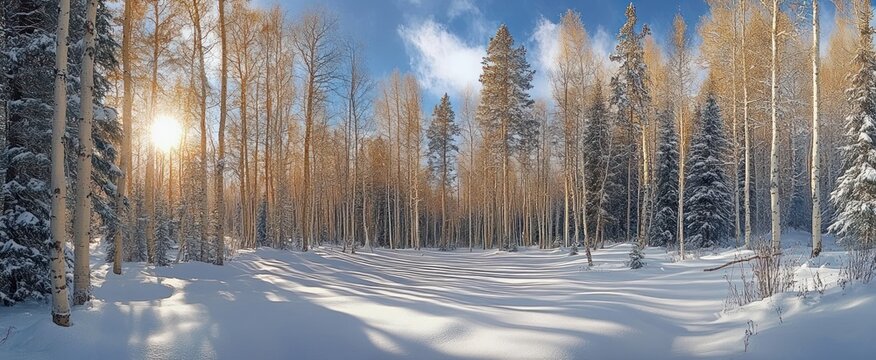 Bright winter morning with sunlight casting long shadows on fresh snow and leafless trees in a forest clearing under a partly cloudy blue sky - Powered by Adobe