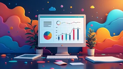 An abstract workspace design showcasing strategic KPIs in bright colors, creating visual excitement with ample copy space, ideal for creative business presentations and reports. - Powered by Adobe