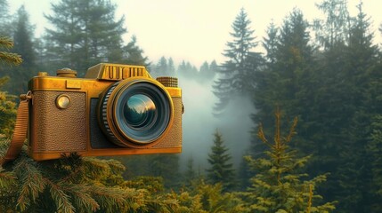retro camera resting on green pine branches with misty dense forest background and warm sunlight creating a serene atmosphere