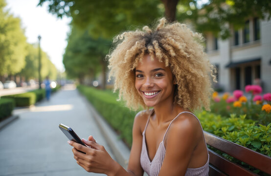 Young african american woman with blond afro smiles holding cellphone. She sits on park bench, uses mobile device on sunny day. Casual attire, outdoor setting.