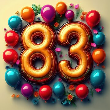 Golden number eighty-three balloons surrounded by colorful floating balloons and scattered vibrant flowers on a light background, festive and cheerful atmosphere