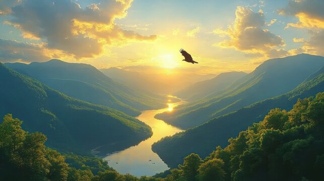 Golden sunset over lush green mountains with a winding river and a solitary bird soaring in the sky creating a peaceful and majestic natural scene - Powered by Adobe