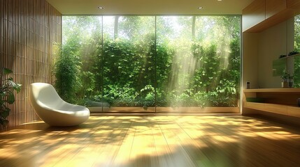 Bright minimalistic room with large glass window overlooking lush green garden with sunlight streaming in, modern curved white chair and wooden flooring casting soft shadows