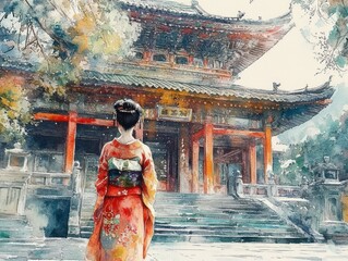 woman in traditional colorful kimono standing on stone steps facing an ancient japanese temple with intricate wooden architecture surrounded by trees in soft natural light