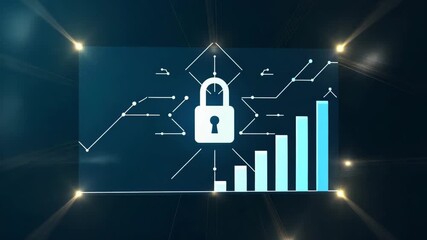 A composition illustrating cybersecurity KPIs with a digital lock and analytics graph, centered with ample copy space for text overlay in a minimalistic style. - Powered by Adobe