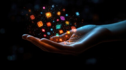 Human hand holding glowing colorful digital icons and symbols floating above in a dark background, representing technology and digital communication